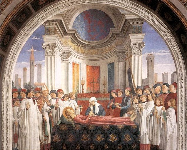 Domenico Ghirlandaio: Affreschi nella Cappella di Santa Fina: Esequie di santa Fina, Cappella di Santa Fina, anno 1473-75, affresco su muro, collegiata di Santa Maria Assunta, San Gimignano.